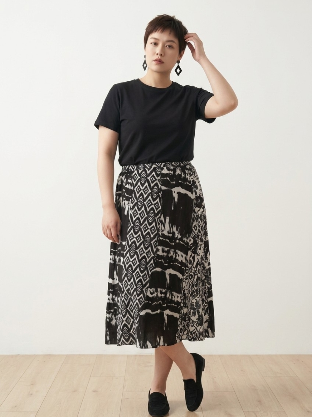 NWT Notations Black & White Printed Midi Skirt Sz L